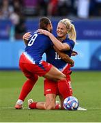 10 August 2024; Lynn Williams, left, and Lindsey Horan of Team United States celebrate after the women's gold medal match between Team Brazil and Team United States at Parc des Princes during the 2024 Paris Summer Olympic Games in Paris, France. Photo by Stephen McCarthy/Sportsfile