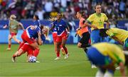 10 August 2024; Lynn Williams, left, and Lindsey Horan of Team United States celebrate after the women's gold medal match between Team Brazil and Team United States at Parc des Princes during the 2024 Paris Summer Olympic Games in Paris, France. Photo by Stephen McCarthy/Sportsfile