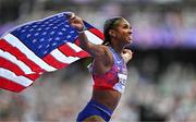 10 August 2024; Masai Russell of Team United States celebrates winning the women's 100m hurdles final at the Stade de France during the 2024 Paris Summer Olympic Games in Paris, France. Photo by Sam Barnes/Sportsfile