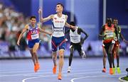 10 August 2024; Jakob Ingebrigtsen of Team Norway celebrates winning the men's 5000m final at the Stade de France during the 2024 Paris Summer Olympic Games in Paris, France. Photo by Sam Barnes/Sportsfile