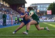 10 August 2024; Katie Whelan of Leinster evades the tackle of Connacht's Emily Foley on her way to scoring her side's sixth try during the Vodafone Women’s Interprovincial Championship Round One match between Leinster and Connacht at Energia Park in Dublin. Photo by Seb Daly/Sportsfile