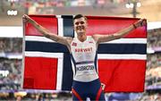 10 August 2024; Jakob Ingebrigtsen of Team Norway celebrates winning the men's 5000m final at the Stade de France during the 2024 Paris Summer Olympic Games in Paris, France. Photo by Sam Barnes/Sportsfile
