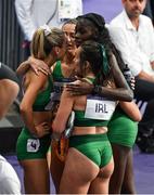 10 August 2024; The Team Ireland relay team, from left, Sharlene Mawdsley, Sophie Becker, Phil Healy, and Rhasidat Adeleke react after finishing fourth the women's 4 x 400m relay final at the Stade de France during the 2024 Paris Summer Olympic Games in Paris, France. Photo by Brendan Moran/Sportsfile