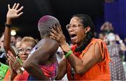 10 August 2024; Shamier Little of Team United States celebrates after the women's 4x400 relay final at the Stade de France during the 2024 Paris Summer Olympic Games in Paris, France. Photo by Sam Barnes/Sportsfile