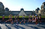 11 August 2024; Fionnuala McCormack of Team Ireland, centre, passes Musée du Louvre during the women's marathon at Esplanade des Invalides during the 2024 Paris Summer Olympic Games in Paris, France. Photo by Sam Barnes/Sportsfile