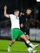 9 August 2024; Sean Murray of Cork City in action against Dean Ebbe of Athlone Town during the SSE Airtricity Men's First Division match between Cork City and Athlone Town at Turner's Cross in Cork. Photo by Michael P Ryan/Sportsfile