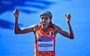 11 August 2024; Sifan Hassan of Team Netherlands celebrates after winning the women's marathon at Esplanade des Invalides during the 2024 Paris Summer Olympic Games in Paris, France. Photo by Sam Barnes/Sportsfile