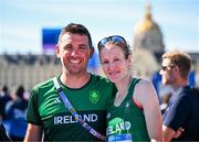 11 August 2024; Fionnuala McCormack of Team Ireland with Team Ireland physiotherapist Declan Monaghan after the women's marathon at Esplanade des Invalides during the 2024 Paris Summer Olympic Games in Paris, France. Photo by Sam Barnes/Sportsfile