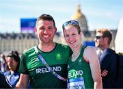 11 August 2024; Fionnuala McCormack of Team Ireland with Team Ireland physiotherapist Declan Monaghan after the women's marathon at Esplanade des Invalides during the 2024 Paris Summer Olympic Games in Paris, France. Photo by Sam Barnes/Sportsfile