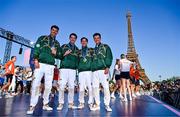 5 August 2024; From left, Bronze medallists in men's double sculls Philip Doyle and Daire Lynch, and Olympic Champions in lightweight men's double sculls Paul O'Donovan and Fintan McCarthy at the Champions Park at the Trocadero during the 2024 Paris Summer Olympic Games in Paris, France. Photo by Brendan Moran/Sportsfile