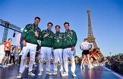 5 August 2024; From left, Bronze medallists in men's double sculls Philip Doyle and Daire Lynch, and Olympic Champions in lightweight men's double sculls Paul O'Donovan and Fintan McCarthy at the Champions Park at the Trocadero during the 2024 Paris Summer Olympic Games in Paris, France. Photo by Brendan Moran/Sportsfile