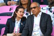 10 August 2024; FIFA chief people, technology and operations officer Kimberly Morris and Carlos Cordeiro, senior advisor to the FIFA President, during the women's gold medal match between Team Brazil and Team United States at Parc des Princes during the 2024 Paris Summer Olympic Games in Paris, France. Photo by Stephen McCarthy/Sportsfile