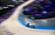 11 August 2024; Lara Gillespie of Team Ireland, left, and Valentine Fortin of Team France during the women's omnium points race at the Saint-Quentin-en-Yvelines National Velodrome during the 2024 Paris Summer Olympic Games in Paris, France. Photo by David Fitzgerald/Sportsfile