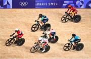 11 August 2024; Lara Gillespie of Team Ireland, centre, during the women's omnium points race at the Saint-Quentin-en-Yvelines National Velodrome during the 2024 Paris Summer Olympic Games in Paris, France. Photo by David Fitzgerald/Sportsfile