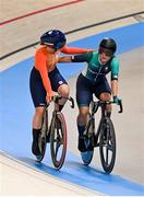 11 August 2024; Lara Gillespie of Team Ireland, right, and Maike van der Duin of Team Netherlands after the women's omnium points race at the Saint-Quentin-en-Yvelines National Velodrome during the 2024 Paris Summer Olympic Games in Paris, France. Photo by David Fitzgerald/Sportsfile