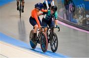11 August 2024; Lara Gillespie of Team Ireland, right, and Maike van der Duin of Team Netherlands after the women's omnium points race at the Saint-Quentin-en-Yvelines National Velodrome during the 2024 Paris Summer Olympic Games in Paris, France. Photo by David Fitzgerald/Sportsfile