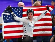 11 August 2024; Jennifer Valente of Team United States celebrates after winning gold in the women's omnium points race at the Saint-Quentin-en-Yvelines National Velodrome during the 2024 Paris Summer Olympic Games in Paris, France. Photo by David Fitzgerald/Sportsfile