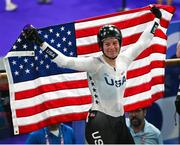 11 August 2024; Jennifer Valente of Team United States celebrates after winning gold in the women's omnium points race at the Saint-Quentin-en-Yvelines National Velodrome during the 2024 Paris Summer Olympic Games in Paris, France. Photo by David Fitzgerald/Sportsfile