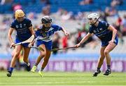 11 August 2024; Líadan C Fennell of Laois in action against Tipperary players Amy Quinlisk, left, and Sophie Pembroke during the All-Ireland Premier Junior Camogie Championship final between Laois and Tipperary at Croke Park in Dublin. Photo by Piaras Ó Mídheach/Sportsfile