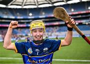 11 August 2024; Lily Fahie of Tipperary celebrates after her side's victory in the All-Ireland Premier Junior Camogie Championship final between Laois and Tipperary at Croke Park in Dublin. Photo by Piaras Ó Mídheach/Sportsfile