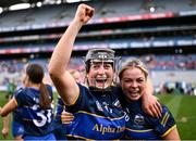 11 August 2024; Tipperary players Gemma Fox, left, and Tara Hoare celebrate after their side's victory in the All-Ireland Premier Junior Camogie Championship final between Laois and Tipperary at Croke Park in Dublin. Photo by Piaras Ó Mídheach/Sportsfile