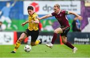 11 August 2024; Kian Leavy of St Patrick's Athletic in action against Conor McCormack of Galway United during the SSE Airtricity Men's Premier Division match between Galway United and St Patrick's Athletic at Eamonn Deacy Park in Galway. Photo by Tyler Miller/Sportsfile