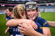 11 August 2024; Tipperary players Gemma Fox, right, and Orla O'Brien celebrate after their side's victory in the All-Ireland Premier Junior Camogie Championship final between Laois and Tipperary at Croke Park in Dublin. Photo by Piaras Ó Mídheach/Sportsfile