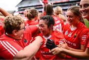 11 August 2024; Fiona Nelligan of Cork, centre, who scored the winning point, celebrates after her side's victory in the All-Ireland Premier Intermediate Camogie Championship final between Cork and Kilkenny at Croke Park in Dublin. Photo by Piaras Ó Mídheach/Sportsfile