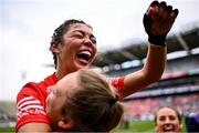 11 August 2024; Fiona Nelligan of Cork, top, who scored the winning point, celebrates after her side's victory in the All-Ireland Premier Intermediate Camogie Championship final between Cork and Kilkenny at Croke Park in Dublin. Photo by Piaras Ó Mídheach/Sportsfile