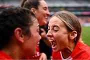 11 August 2024; Cork players Orla Keating, right, and Fiona Nelligan celebrate after their side's victory in the All-Ireland Premier Intermediate Camogie Championship final between Cork and Kilkenny at Croke Park in Dublin. Photo by Piaras Ó Mídheach/Sportsfile