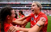 11 August 2024; Lucy Allen of Cork, right, celebrates after her side's victory in the All-Ireland Premier Intermediate Camogie Championship final between Cork and Kilkenny at Croke Park in Dublin. Photo by Piaras Ó Mídheach/Sportsfile