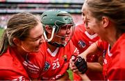 11 August 2024; Fiona Nelligan of Cork, centre, who scored the winning point, celebrates with team-mates after her side's victory in the All-Ireland Premier Intermediate Camogie Championship final between Cork and Kilkenny at Croke Park in Dublin. Photo by Piaras Ó Mídheach/Sportsfile