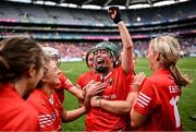 11 August 2024; Fiona Nelligan of Cork, centre, who scored the winning point, celebrates with team-mates after her side's victory in the All-Ireland Premier Intermediate Camogie Championship final between Cork and Kilkenny at Croke Park in Dublin. Photo by Piaras Ó Mídheach/Sportsfile