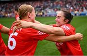 11 August 2024; Amy O'Connor, right, and Laura Treacy of Cork celebrate after the Glen Dimplex Camogie All-Ireland Senior Camogie Championship final between Cork and Galway at Croke Park in Dublin. Photo by Piaras Ó Mídheach/Sportsfile
