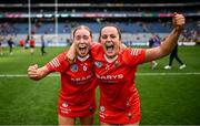 11 August 2024; Laura Treacy, left, and Fiona Keating of Cork celebrate after the Glen Dimplex Camogie All-Ireland Senior Camogie Championship final between Cork and Galway at Croke Park in Dublin. Photo by Piaras Ó Mídheach/Sportsfile