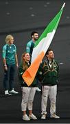 11 August 2024; Team Ireland flagbearers Mona McSharry and Fintan McCarthy during the closing ceremony of the 2024 Paris Summer Olympic Games at Stade de France in Paris, France. Photo by David Fitzgerald/Sportsfile