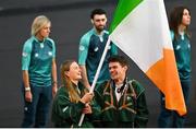 11 August 2024; Team Ireland flagbearers Mona McSharry and Fintan McCarthy during the closing ceremony of the 2024 Paris Summer Olympic Games at Stade de France in Paris, France. Photo by David Fitzgerald/Sportsfile