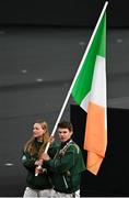 11 August 2024; Team Ireland flagbearers Mona McSharry and Fintan McCarthy during the closing ceremony of the 2024 Paris Summer Olympic Games at Stade de France in Paris, France. Photo by David Fitzgerald/Sportsfile