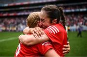 11 August 2024; Cork players Laura Treacy, left, and Amy O'Connor celebrate after their side's victory in the Glen Dimplex Camogie All-Ireland Senior Camogie Championship final between Cork and Galway at Croke Park in Dublin. Photo by Piaras Ó Mídheach/Sportsfile