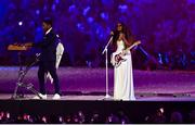 11 August 2024; H.E.R performs The Star-Spangled Banner during the closing ceremony of the 2024 Paris Summer Olympic Games at Stade de France in Paris, France. Photo by David Fitzgerald/Sportsfile