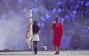 11 August 2024; Karen Bass, Mayor of Los Angeles, and Simone Biles of Team United States during the closing ceremony of the 2024 Paris Summer Olympic Games at Stade de France in Paris, France. Photo by David Fitzgerald/Sportsfile