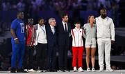 11 August 2024; Thomas Bach, President, IOC, and Tony Estanguet, President of the Paris Organising Committee for the 2024 Olympic and Paralympic Games, with Mijain Lopez of Team Cuba, Eliud Kipchoge of Team Kenya, Cindy Ngamba of Refugee Olympic Team, Sun Yingsha of Team People’s Republic of China, Emma McKeon of Team Australia and Teddy Riner of Team France during the closing ceremony of the 2024 Paris Summer Olympic Games at Stade de France in Paris, France. Photo by David Fitzgerald/Sportsfile