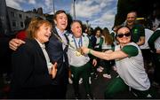 12 August 2024; Team Ireland member, Kellie Harrington, right, with from left, Olympic Federation of Ireland commercial director Catherine Tiernan, Lord Mayor of Dublin James Geoghegan and Team Ireland boxing head coach Zaur Antia at O'Connell Street in Dublin, celebrating their remarkable achievements at the Paris 2024 Olympic Games. Photo by Ramsey Cardy/Sportsfile