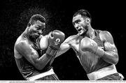 1 August 2024; (EDITOR'S NOTE; Image has been converted to black & white) Lazizbek Mullojonov of Team Uzbekistan, right, and Keno Marley Machado of Team Brazil during their men's 92kg quarter-finals at the North Paris Arena during the 2024 Paris Summer Olympic Games in Paris, France. Photo by David Fitzgerald/Sportsfile