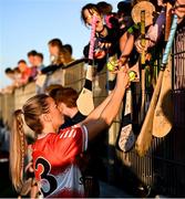 12 August 2024; Kilkenny Camogie player Michelle Teehan playing for Davy Russell's Best signs autographs during the Hurling for Cancer Research 2024 charity match at Netwatch Cullen Park in Carlow. Photo by Piaras Ó Mídheach/Sportsfile