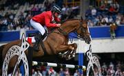 14 August 2024; Aaron Vale of USA competing on Carissimo 25 in the Speed Stakes during the Dublin Horse Show 2024 at the RDS in Dublin. Photo by Shauna Clinton/Sportsfile