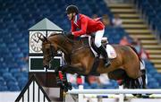14 August 2024; McIain Ward of USA competing on First Lady in the Sport Ireland Classic during the Dublin Horse Show 2024 at the RDS in Dublin. Photo by Shauna Clinton/Sportsfile