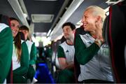 12 August 2024; Sarah Lavin of Team Ireland on the team bus as they make their way to O'Connell Street in Dublin, for the homecoming from the Paris 2024 Olympic Games. Photo by Ramsey Cardy/Sportsfile