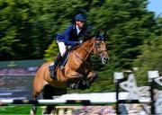 14 August 2024; Daniel Deusse of Germany competing on Killer Queen Vdm in the Speed Stakes during the Dublin Horse Show 2024 at the RDS in Dublin. Photo by Shauna Clinton/Sportsfile
