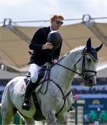 14 August 2024; Daniel Coyle of Ireland on Lena VDL after placing third in the Speed Stakes during the Dublin Horse Show 2024 at the RDS in Dublin. Photo by Shauna Clinton/Sportsfile